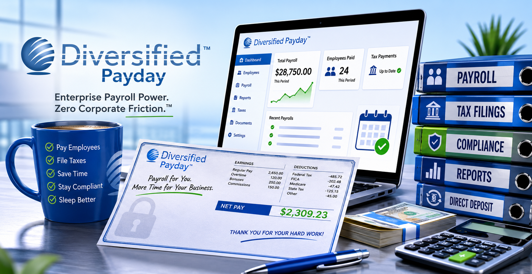 Diversified Payday dashboard, paycheck, and payroll binders
